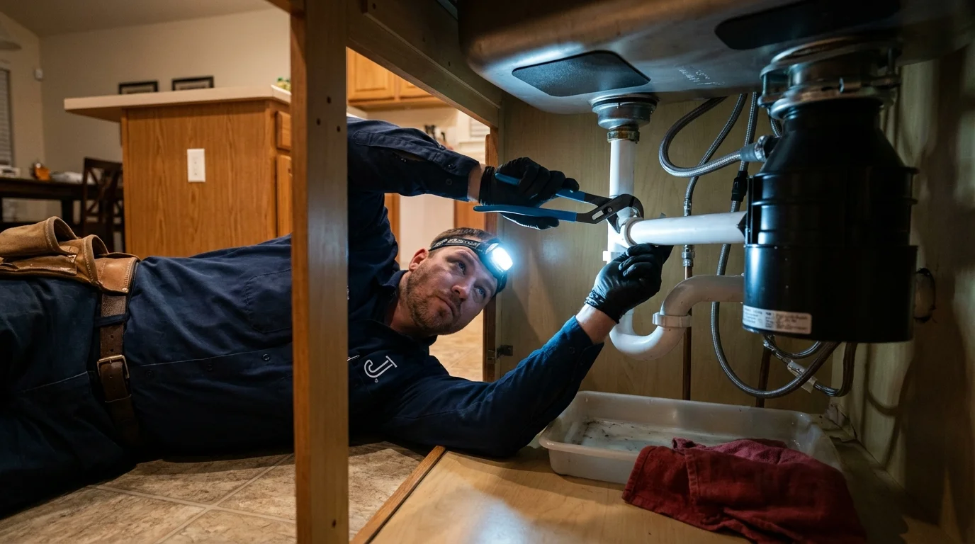 P-trap and supply line connections under a kitchen sink showing a common leak point in Bridgeport, PA